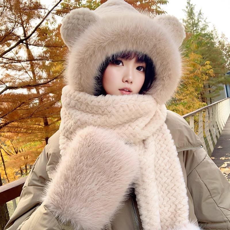 Cute Bear Hat Gloves Three In One Scarf Plush Hat for Women In Winter Riding Easy Outdoor High End Warm Hat