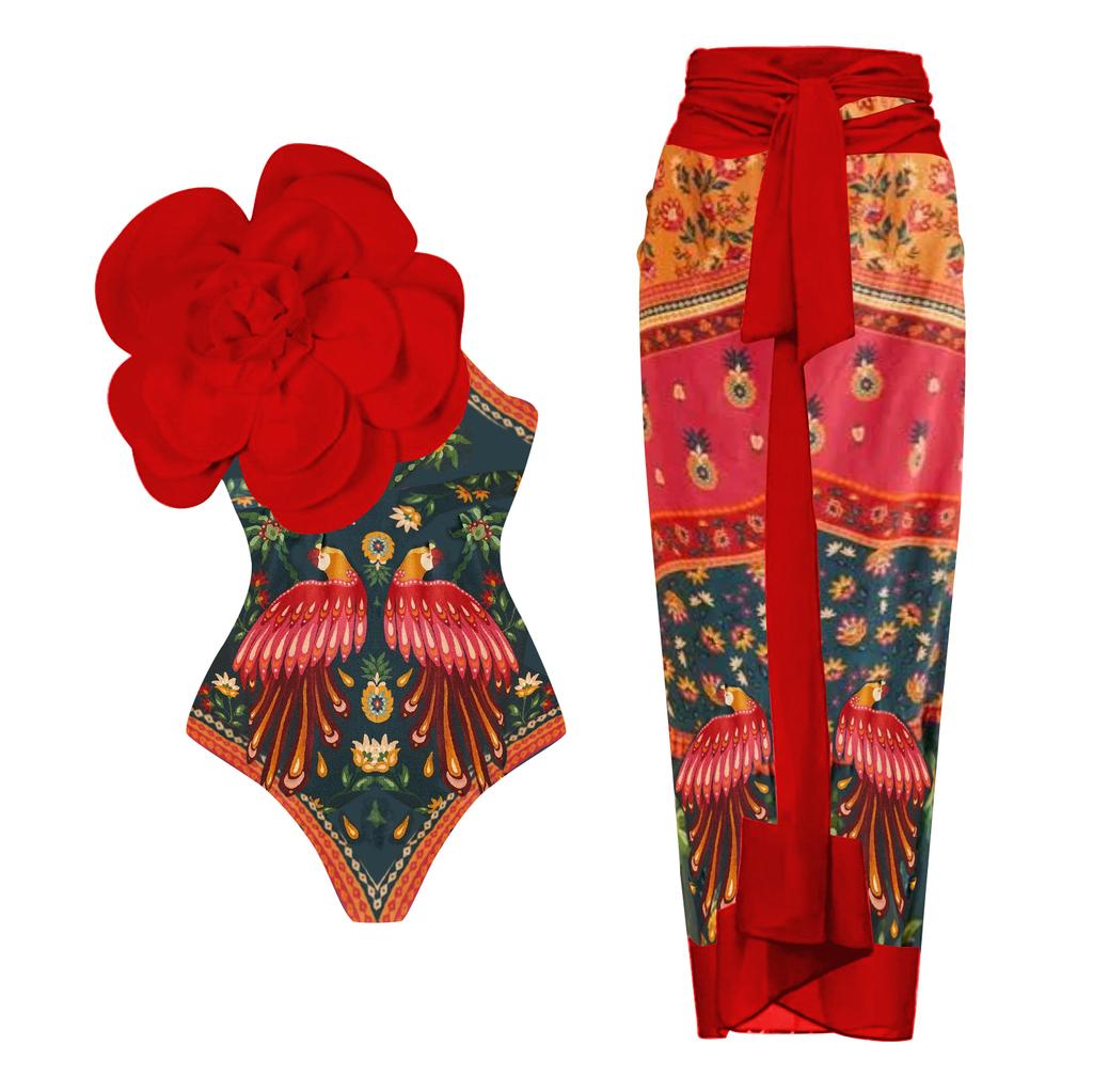 Ashgaily Flower One Piece Swimsuit Women One Shoulder Swimwear Monokini Bodysuit Bathing Suit Belt Beach Wear