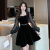 Autumn Black Velvet French Square Neck Dress: Waist-Cinching, Slimming A-line Hepburn Style with Long Sleeves