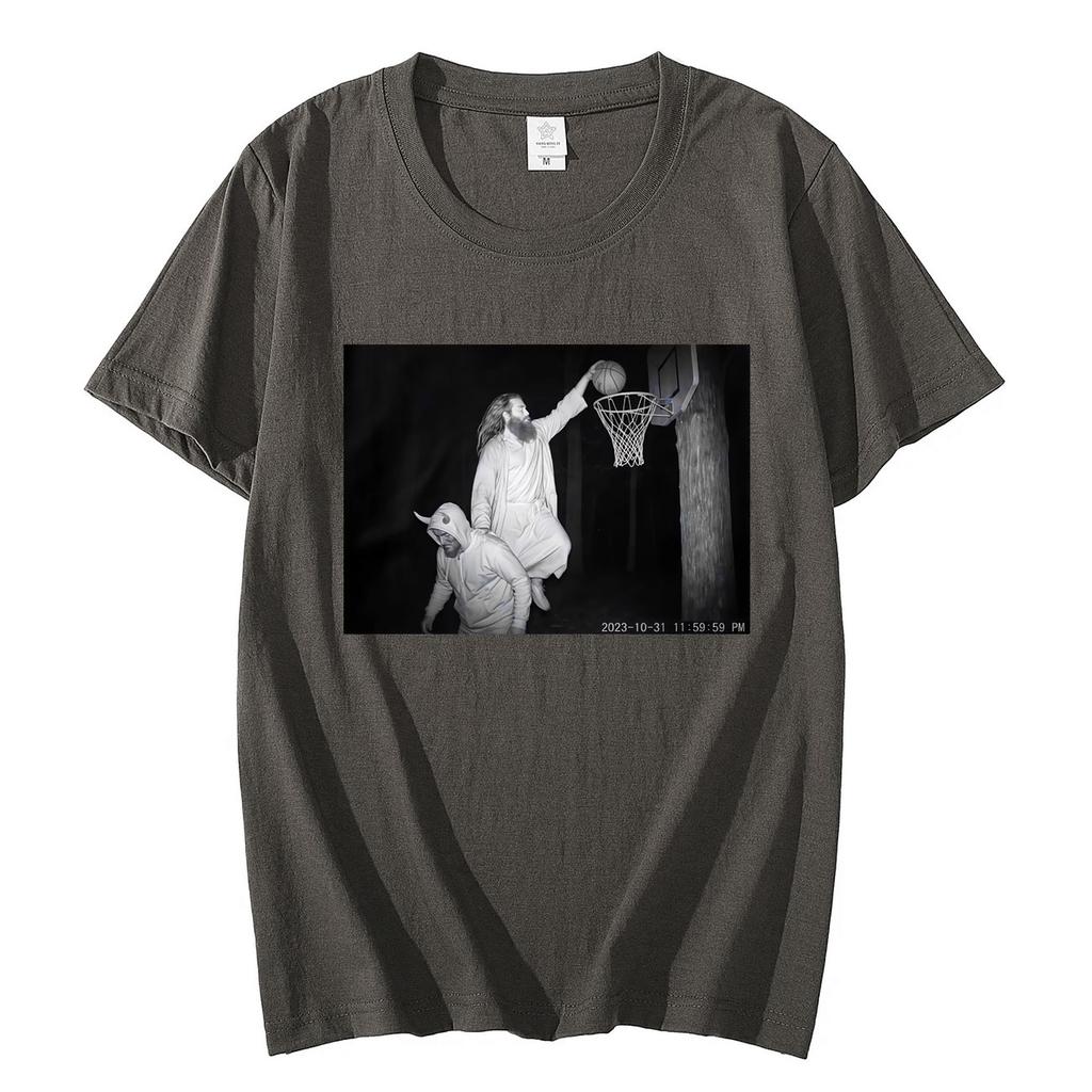 Jesus Dunking Trail Cam Funny Religious Meme Tshirt Fashion Vintage Short Sleeve T Shirts Unisex Casual Loose Cotton Tshirts