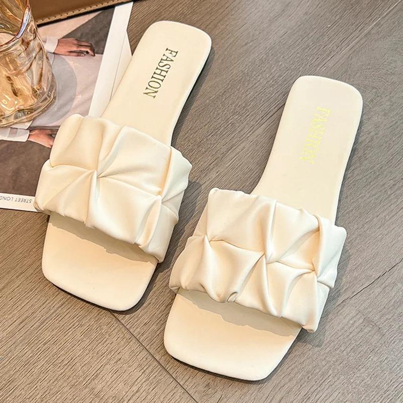 

Модные летние тапочки для женщин, шлепанцы, балетки, 2024, новые плиссированные корейские тапочки, женские сандалии, зеленые туфли без застежек, большой размер 35-42 35 бежевый