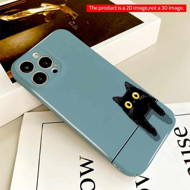 2DFlat Black Cat with Yellow Eyes on Teal Background All inclusive film hard iPhone case, compatible with iPhone 18 Pro Max 17 16 15 14 13 12 11