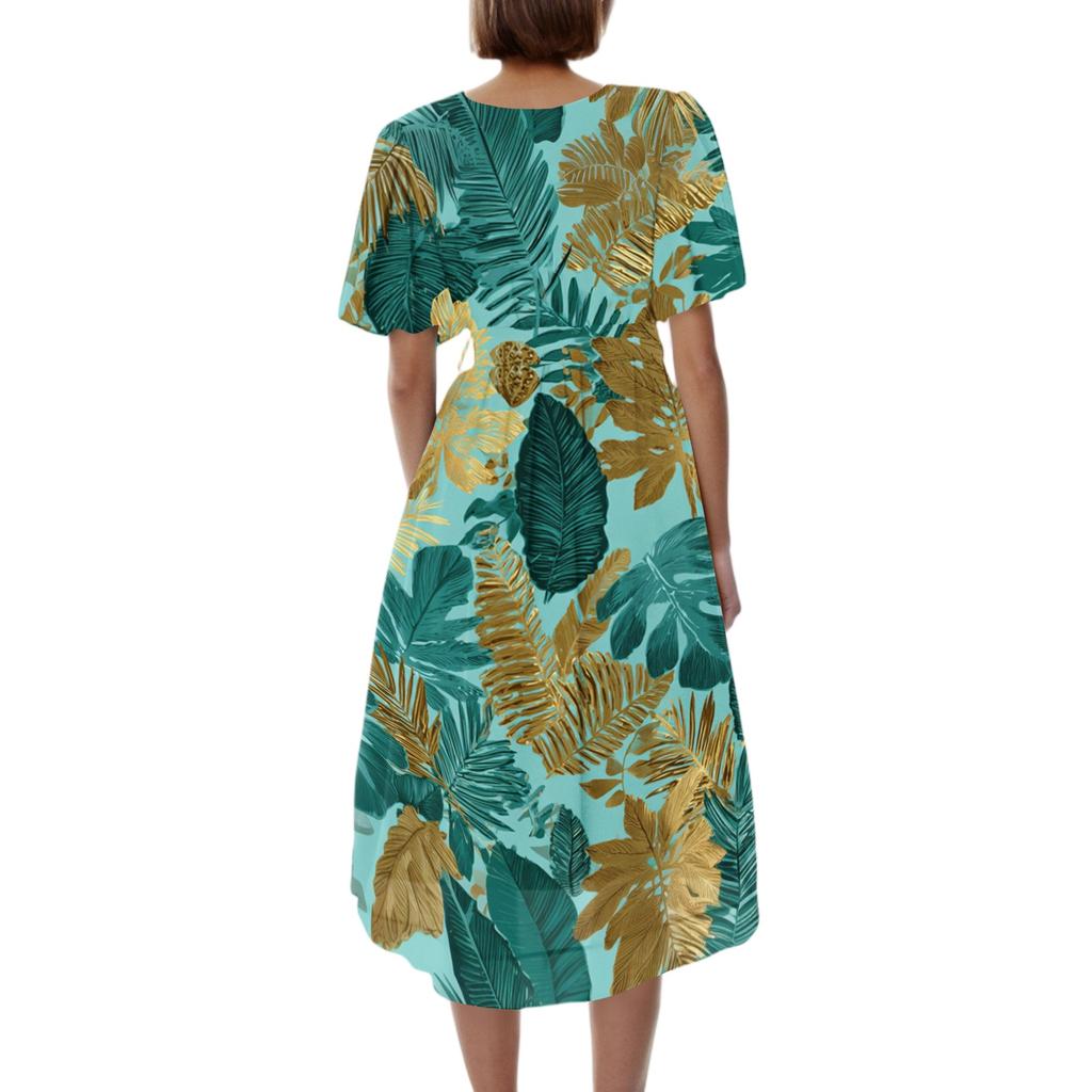 Women V Neck Short Sleeve Casual Dress Retro Floral Print Midi Dress Lightweight Summer Dress with Flared Skirt