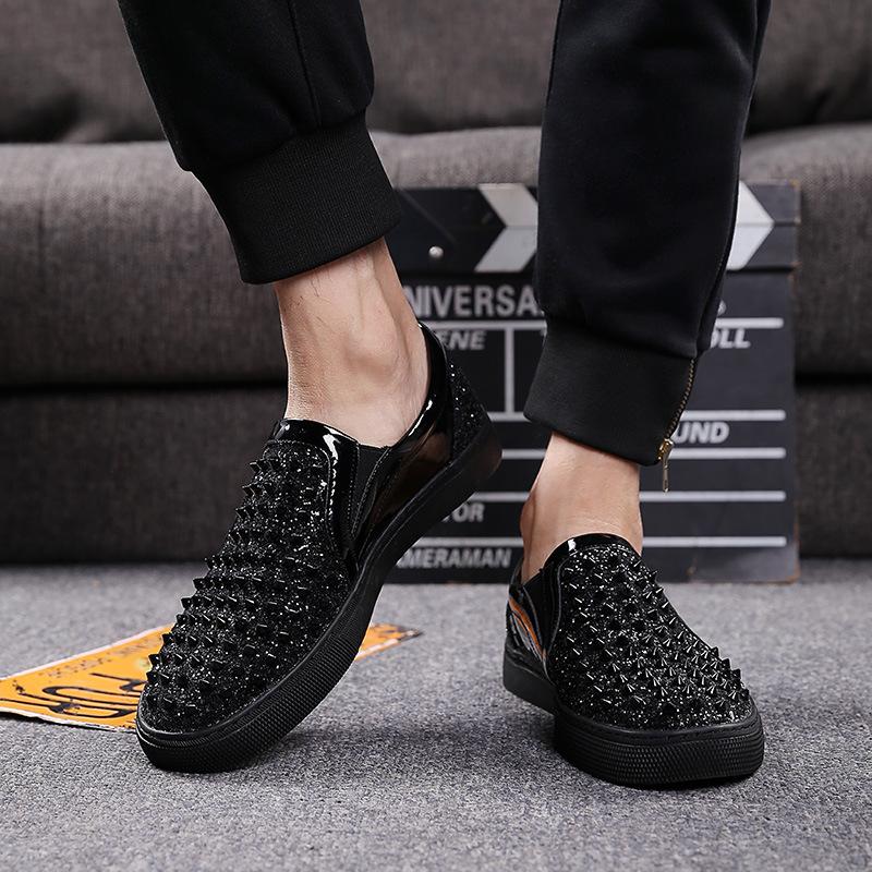 Pantofi sport de vară pentru bărbați, casual, punk rock, cu nituri, la modă, leneși, negri și argintii, mocasini, pantofi sport de designer pentru tineri