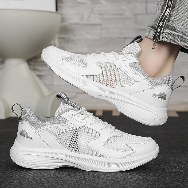 Men's Shoes With Breathable Mesh Versatile Casual Suitable Teenagers' Running Anti Slip Sports Height Increasing Plus Size White Dad