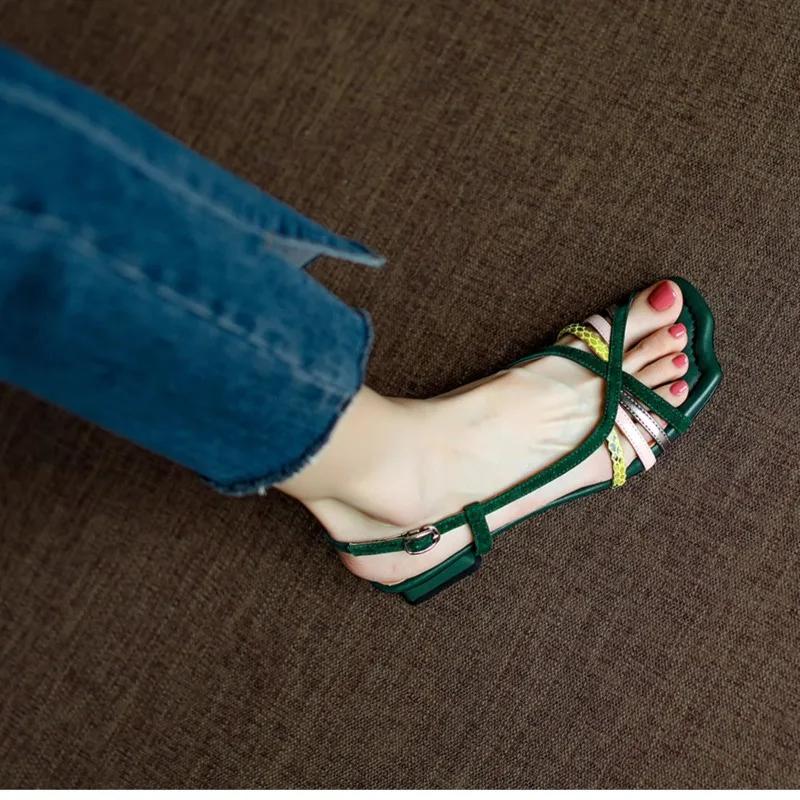 Fashion 2025 Leather Sandals Women Pointed Toe Chunky Heel Women Shoes Summer Shoes for Women Giadiator Shoes Sandalias Mujer