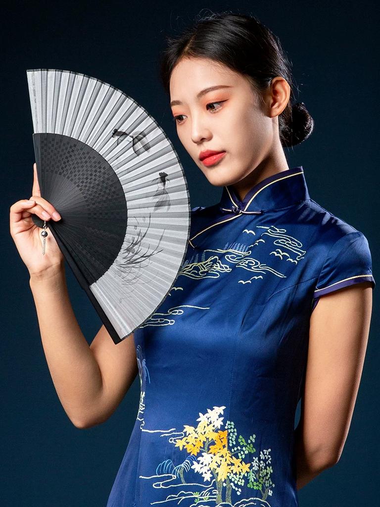 Chinese-Style Folding Fan for Women, Hollow-Carved Bamboo Fan, Traditional Ink Painting, Silk Satin Fan Surface, Daily Folding Fan