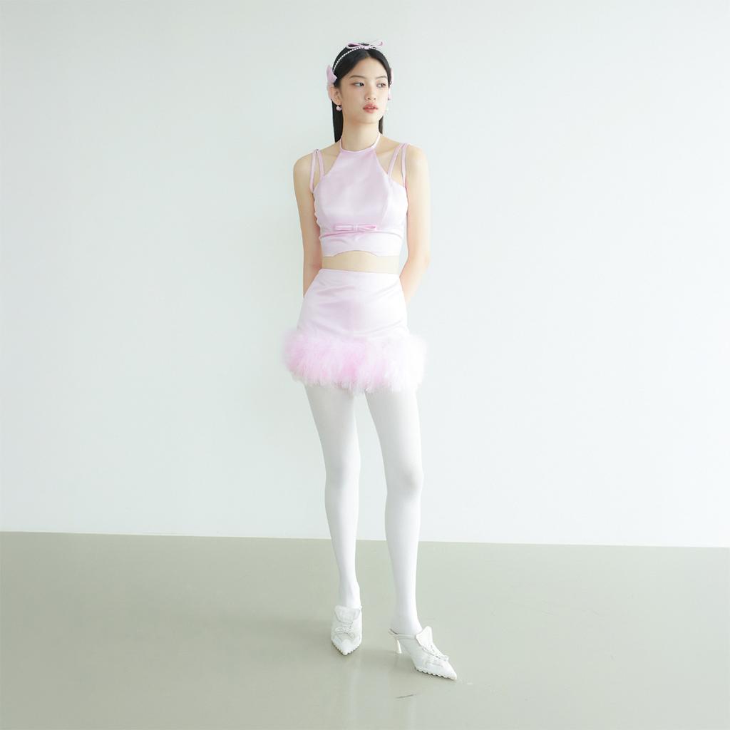 Leobyui Pink Satin Feather Skirt