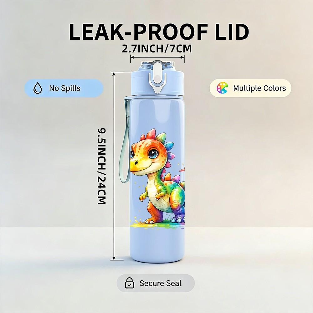 1PC Colorful Baby Dragon Cartoon Print 750ml Color Plastic Sports Water Bottle Leakproof Flip Straw Lid Suitable for Sports Office Home Use