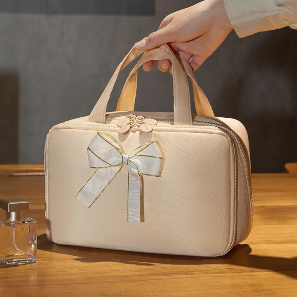 Bow Travel Makeup Handbag Solid Color Women's Wash Bags Toiletries Storage Pouch Bath Wash
