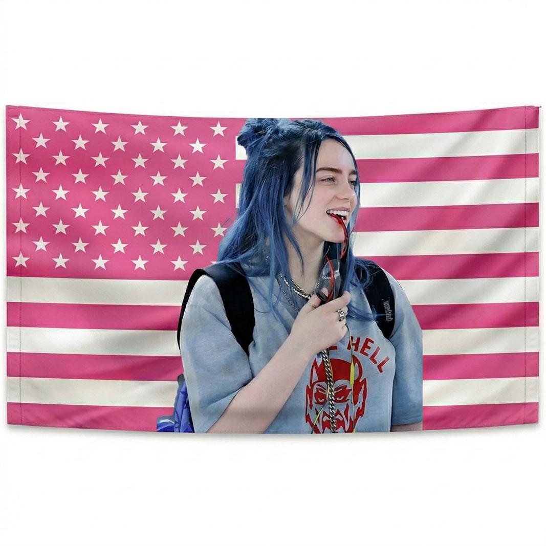 Jmg Household Supplies Unisex Blue/Pink Viral Billie Eilish Hair Tapestry American Flag - Premium Flat Print Wall Hanging Decor