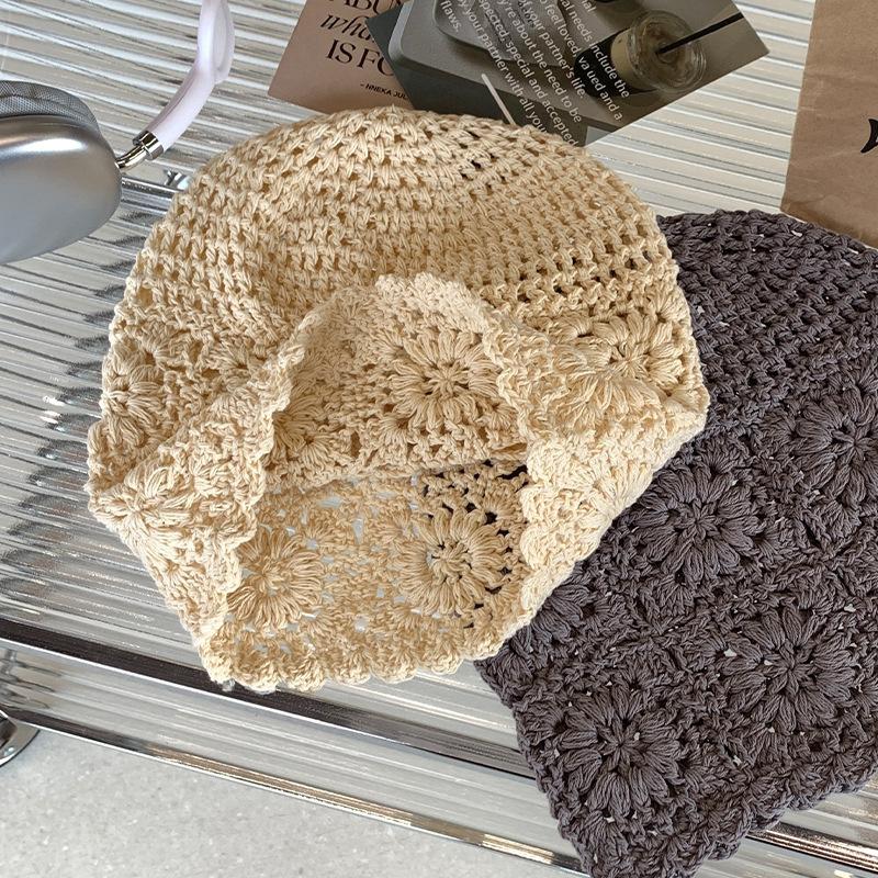 Ethnic Style Crochet Flower Knitted Hat Hollow Out Beanies Knit Cap Handmade Korean Apparel Accessories