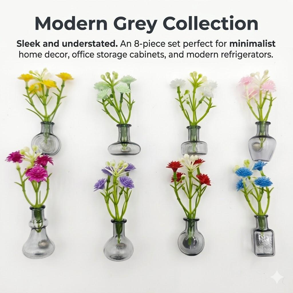 5/8pc Miniature Glass Vases with Faux Flowers Fridge Magnets Set, Artificial Plants Refrigerator Magnet for Kitchen Office Decor