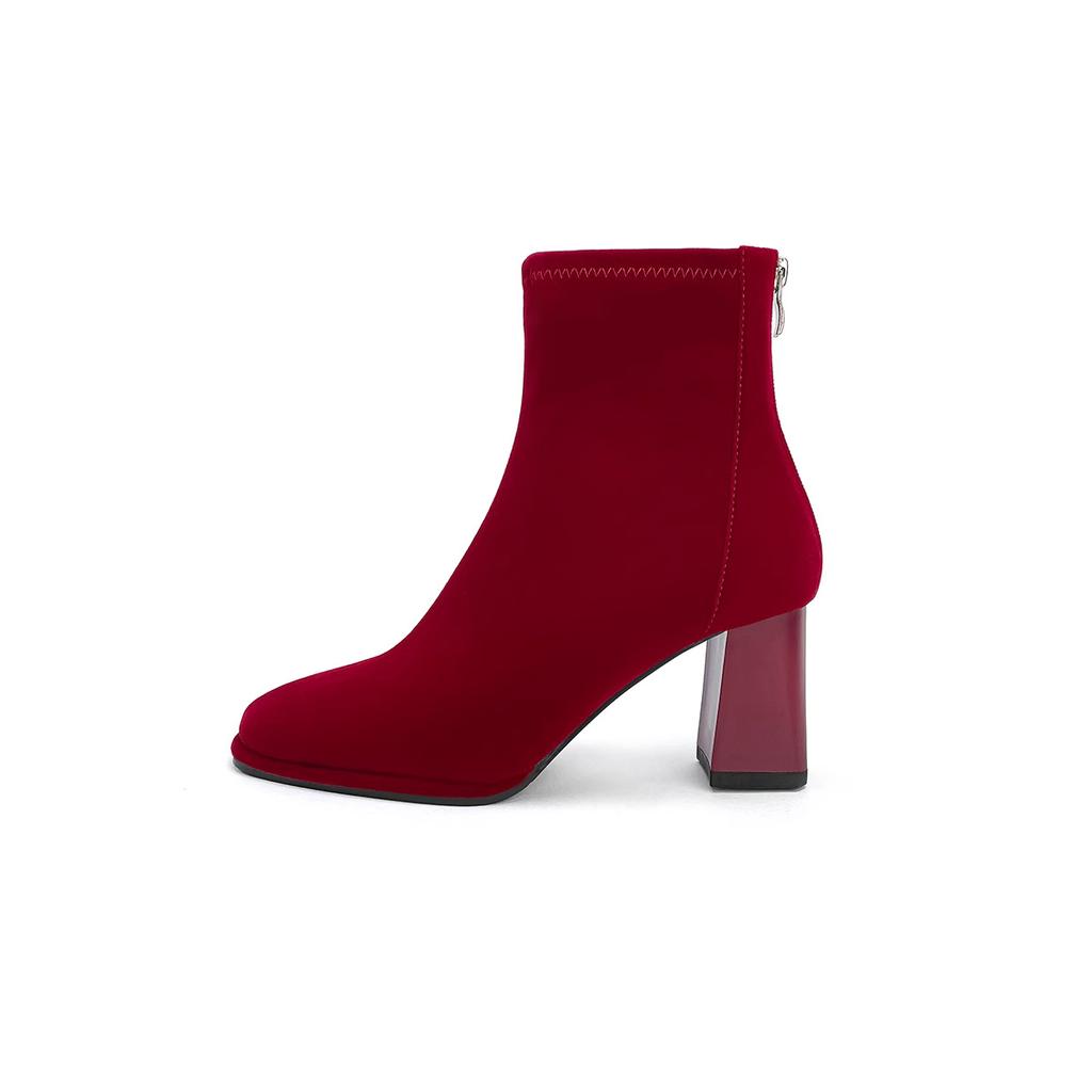 Red thick heel wedding shoes Xiuhe toast clothes velvet high heels autumn and winter thin elastic boots short boots women's new versatile