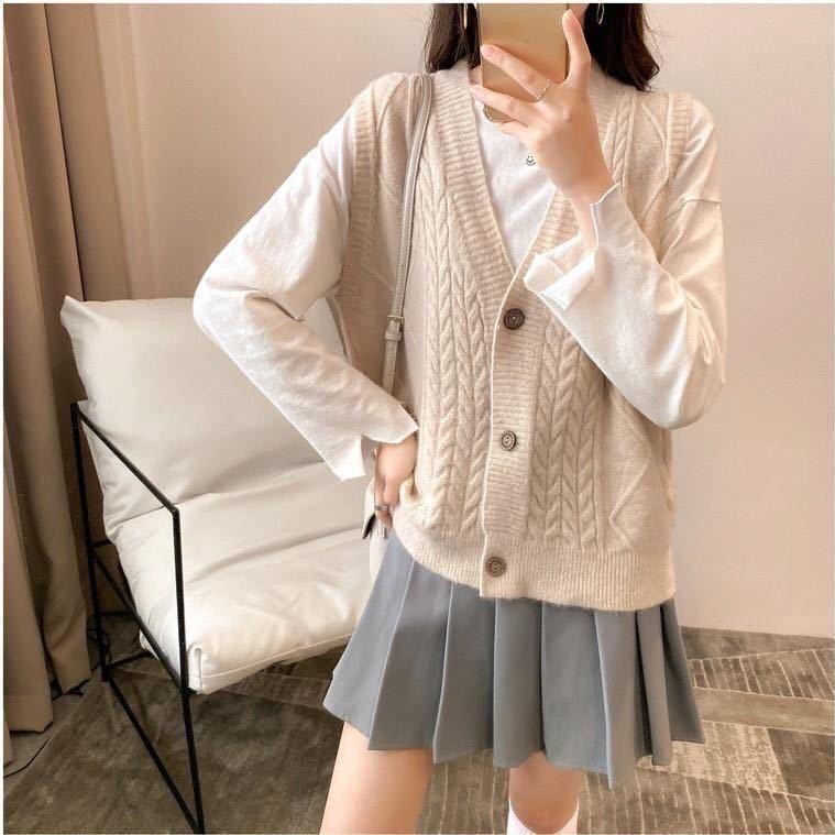 

Осенне-зимний однотонный жилет с V-образным вырезом Вязаный жилет Свободное пальто на пуговицах Универсальное One Size