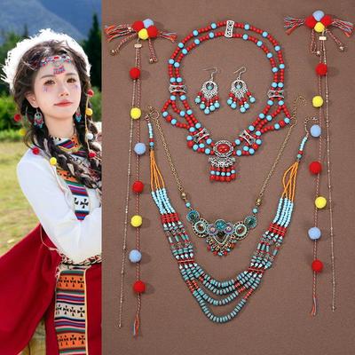 Böhmisches Retro Halsketten- & Ohrring-Set: Ethnischer Stirnschmuck im tibetischen Stil
