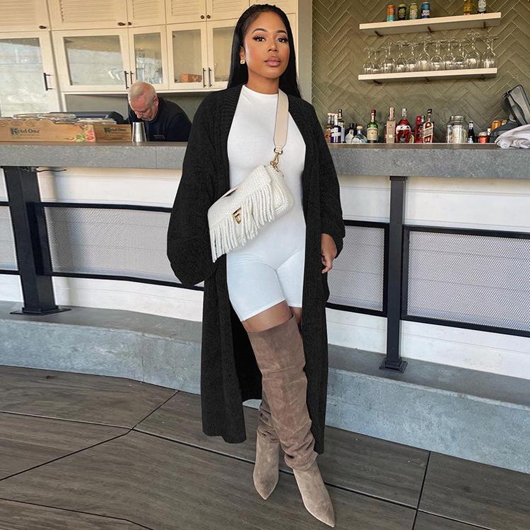 European & American Women's Solid Color Long Knit Cardigan - Nightclub & Casual Style