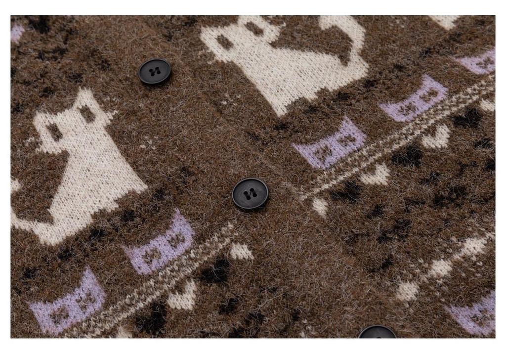 Korean Retro Cat Jacquard Sweater Cardigan - Autumn/Winter Loose Knitwear for Women