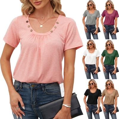 Damen Casual Kurzarm Tops Einfarbig Knopf Eckiger Ausschnitt T-Shirts Sommer Mode T-Shirts Damenbekleidung