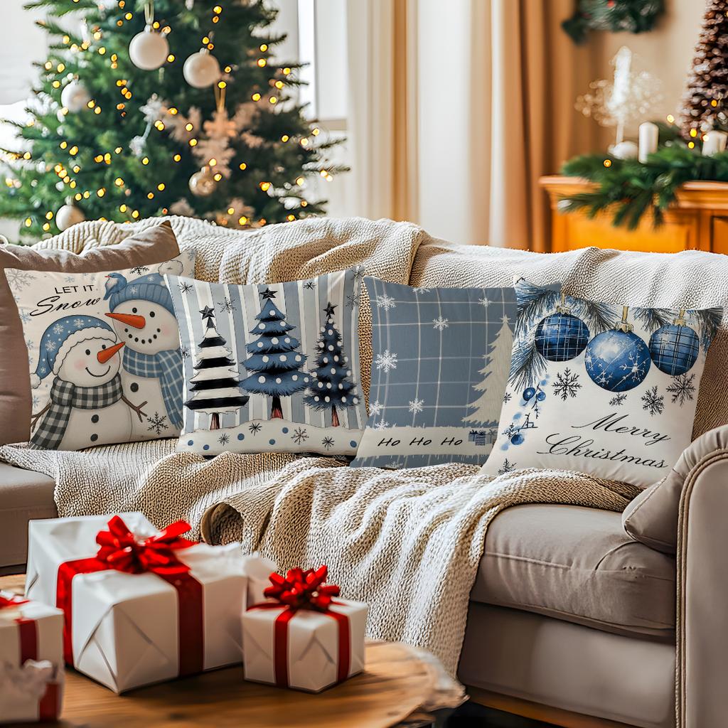 Blue Christmas Cushion Pillowcase Printed Polyester 45X45Cm Throw Pillowcover Decorative Sofa Cushion Pillowslip Home Decor