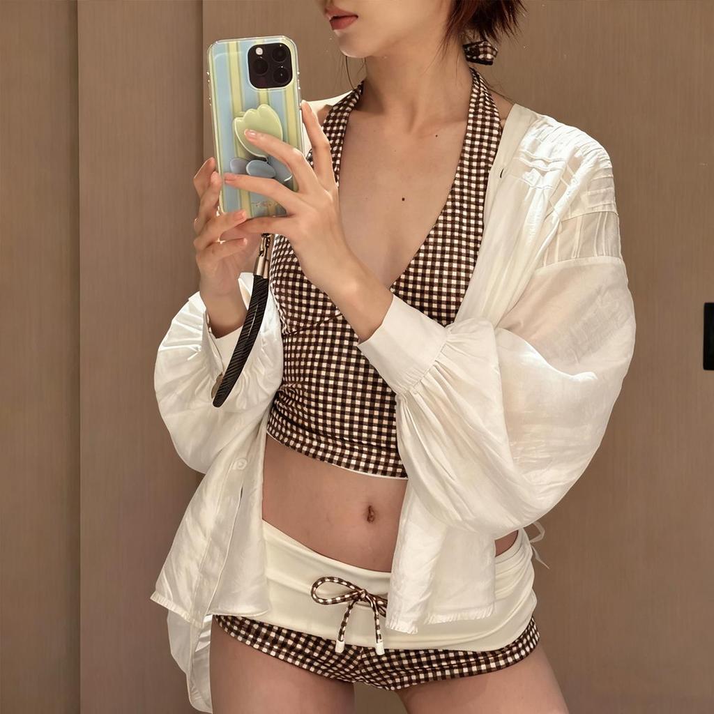 Women's High-End Retro Plaid V-Neck Halter Bikini, Sexy Slim Fit Flattering Swimwear
