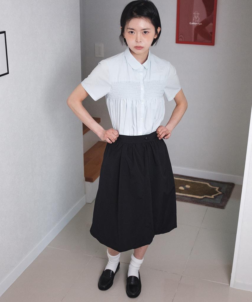Cotton Bell Shirred Balloon Skirt - Black