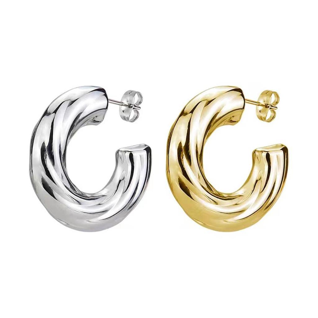 Elegant 18K Gold Twisted Hollow Titanium Steel Earrings - Trendy, Large, C-Shaped Design for Women