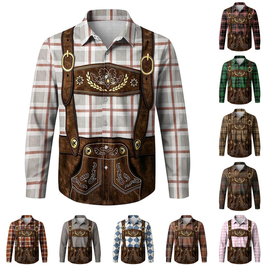 Herren Langarmhemd mit 3D-Druck Karomuster Klassischer Kragen Lockerer Schnitt Vintage-Stil für Festivals Partys und Outdoor-Aktivitäten