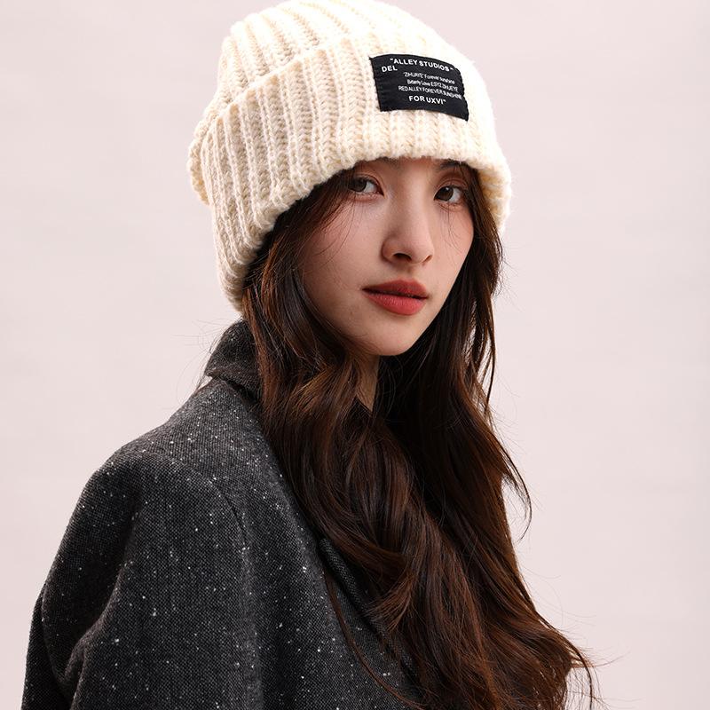 Black hat women's spring and autumn wool hat cold hat big head circumference headgear knitted hat winter warm pile hat men