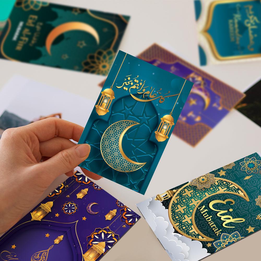 12 Stück Eid Mubarak Karte Islamische Ramadan Papier Grußkarten mit Umschlägen Aufkleber für Ramadan Mubarak Dekorationen Eid Al-Fitr