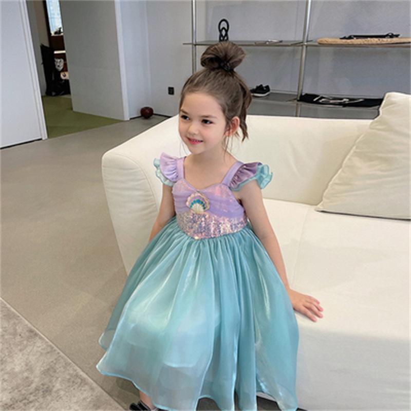 

Girls 2025 Summer Mermaid Vest Dress - Short-Sleeve Princess Costume 130 синий