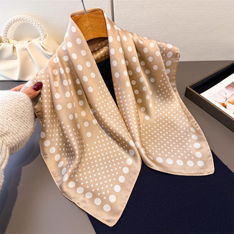 Retro French Polka Dot Spring/ Lightweight Faux Silk Printed Small Scarf Shawl Neckerchief with a High-end Feel for Women