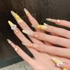 10PCS Cute Yellow French Handmade False Nail Pink Blush Long Almond with 3D Bear Bowknot Design Fake Nail Wearable Press on Nail