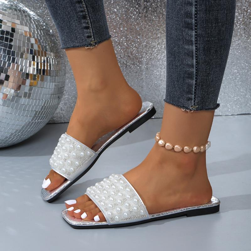 Fashion Women's Flat Shoes Summer New Square Head Open Toe Beaded Soft Soled Anti-slip Wear-resistant Sandals