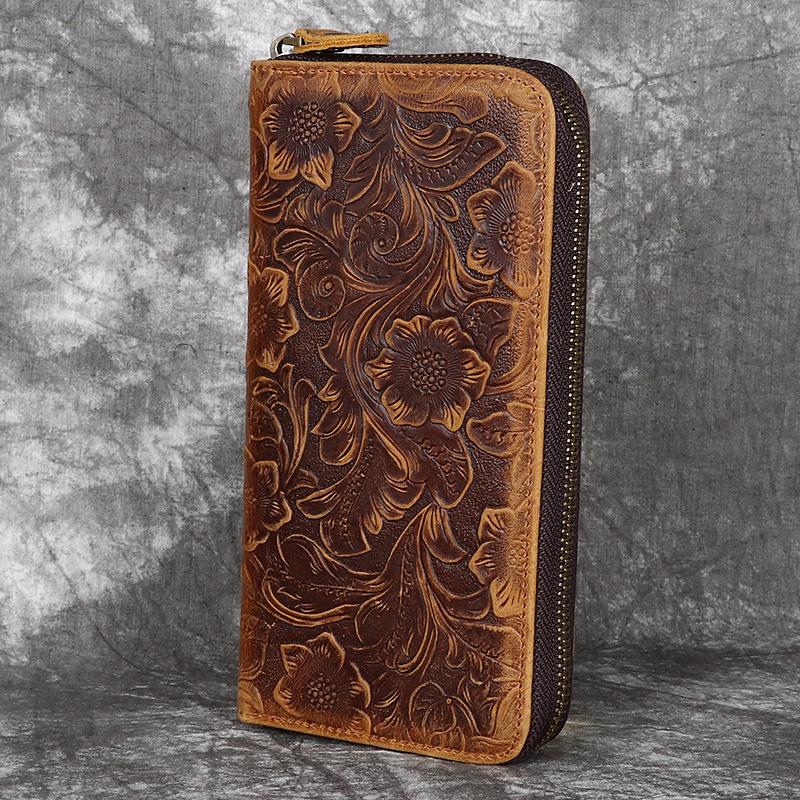 Men's Wallet, Leather Zipper, Handbag, Retro Embossed Top Layer Cowhide