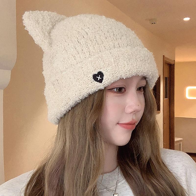 Cat Ears Warm Plush Knitted Beanies for Women Love Heart Embroidery Ear Warmer Cap Solid Color Windproof Pullover Hat Bonnet