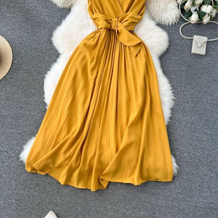 Sommer Neues Französisches Chic Maxikleid Damen V-Ausschnitt Ärmellos Schnürung A-Linie Falten Damenkleider Damen