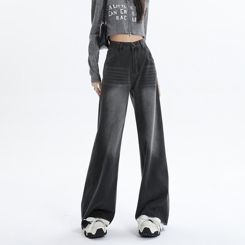 Washed Black and Gray High-waisted Wide-leg Denim Women's American High Street Loose-fitting Floor-mopping Straight-leg Pants