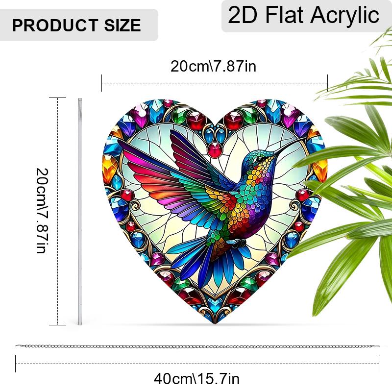 Acrylic Heart-Shaped Hummingbird Suncatcher, Stained Glass Style Window Hanging Ornament for Bird and Colorful Art Lovers