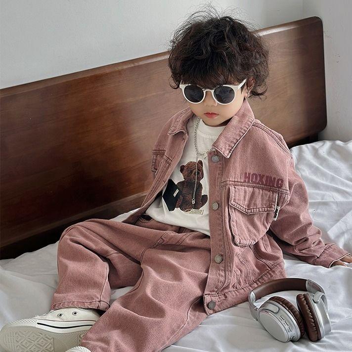 Children's Denim Outfits for Kids Spring and Autumn Pink Cool Handsome Baby Jacket Boys' Two-Piece Set Trendy and Cool