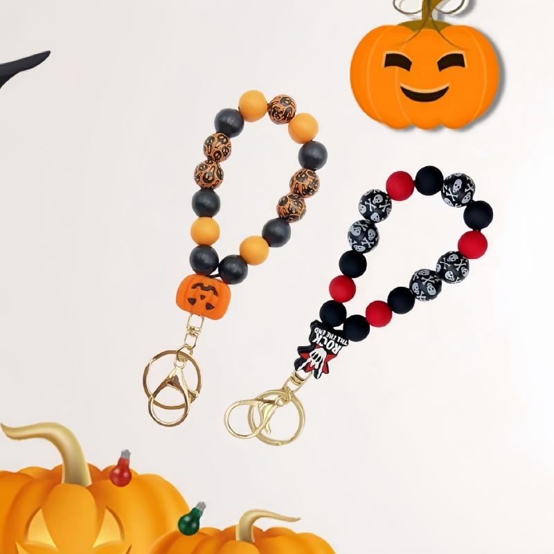 1PC Halloween keychain, cute black bat pumpkin charm bead keychain wristband, Halloween gift
