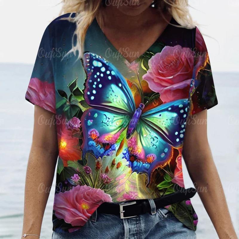 Women's V-Neck Print Beautiful Butterfly Pattern Oversized Women's Blouse Y2K Fashion Women's Breathable T-Shirt