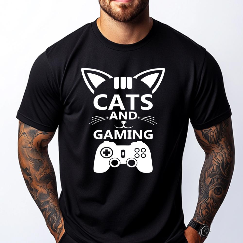 Cats And Gaming Cat Lover Gaming Graphic Tee Cotton Camiseta Masculina Luxury Designer Tshirt Lovers Day - Men s Summer Cotto... S разноцветный