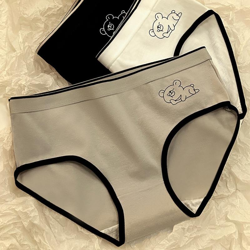 Damen-Unterwäsche aus Baumwolle mit Cartoon-Bär-Aufdruck, mittelhoher Bund, atmungsaktiv