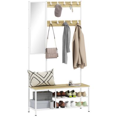 Coat Rack Shoe Cabinet with Mirror 3 Shelves Bench 10 Adjustable Hooks Modern Style for Hallway 98x34x186 Cm Natural