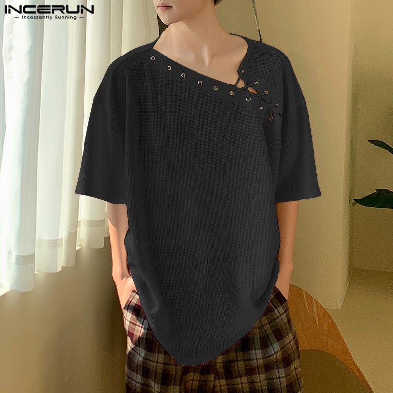 INCERUN Men Short Sleeve Bandage Texture Casual Loose T-shirts Tops