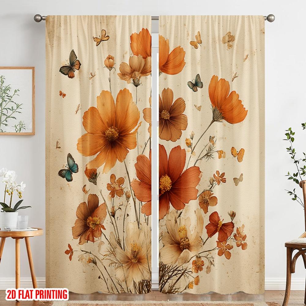 2pcs,2D Plane Printing Curtains Digital Printed Butterfly Blooms Polyester Easy Install (without Rod) Decorations For Home for