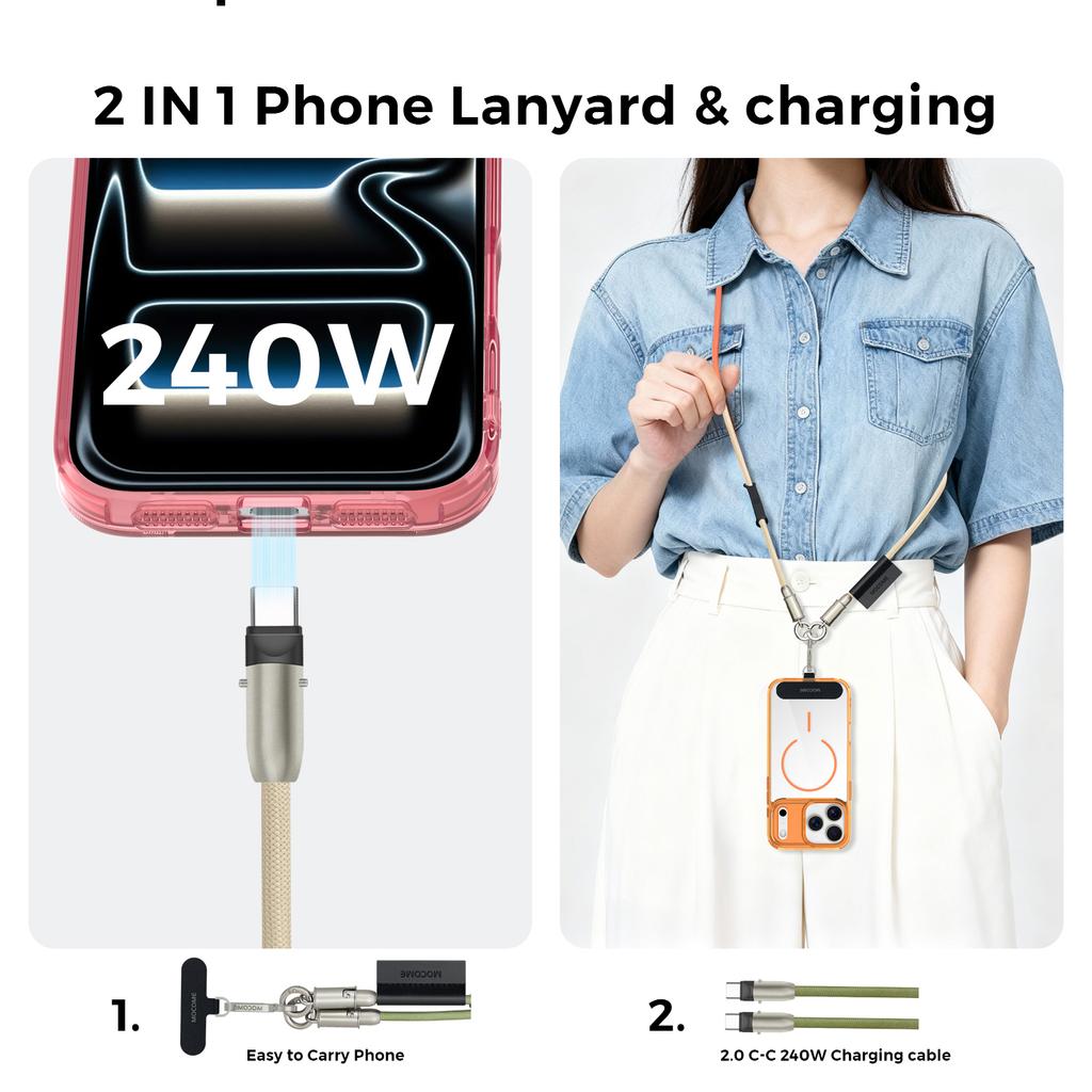 Universelles Handy-Lanyard mit USB-C-Kabel (2-in-1) und Ladekabel (USB-C auf USB-C) für iPhone 15, 16, 17 Pro Max und die meisten anderen Handys