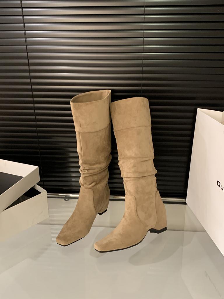 Inner Height Increasing White Knight Boots Women's Boots Autumn and Winter Khaki Skinny Boots Pile Medium Boots