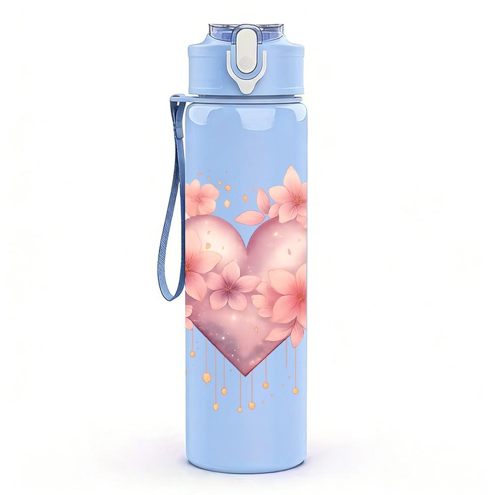 1PC Soft Pink Floral Heart 750ml Color Plastic Sports Water Bottle Leakproof Flip Straw Lid Suitable for Sports Office Home Use